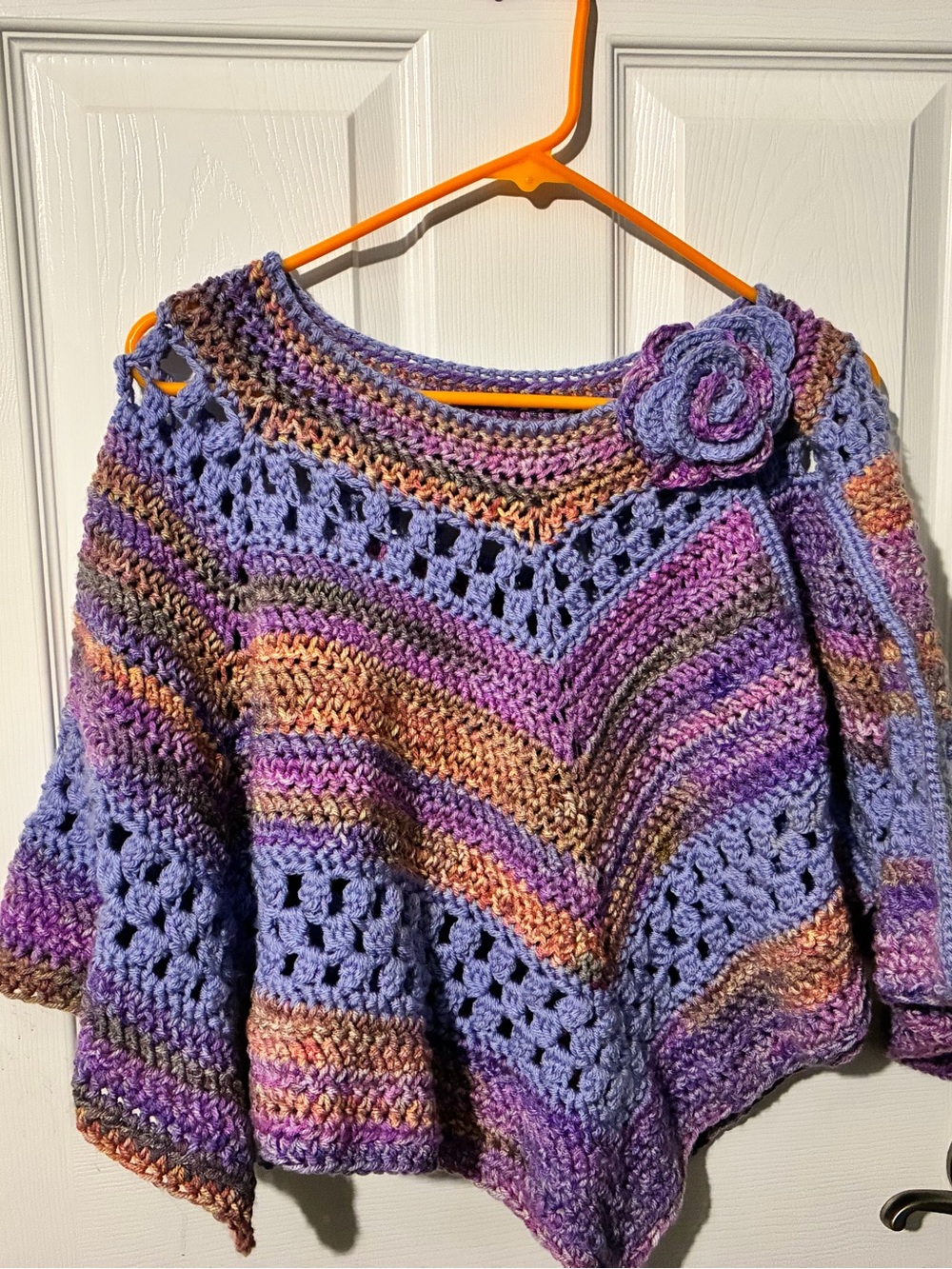 Handcrafted Purple Multicolor Crochet Childs Poncho with Flower Accent